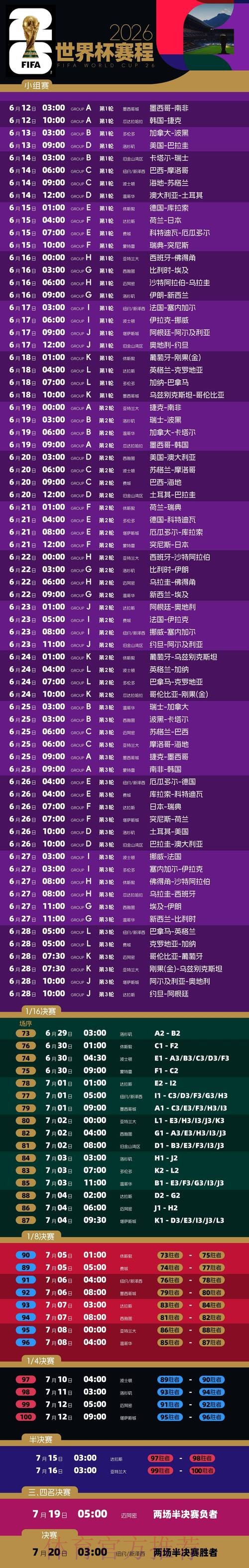 2026世界杯每日赛程最新完整安排在哪里看 2026世界杯每日赛程最新完整安排在哪里看